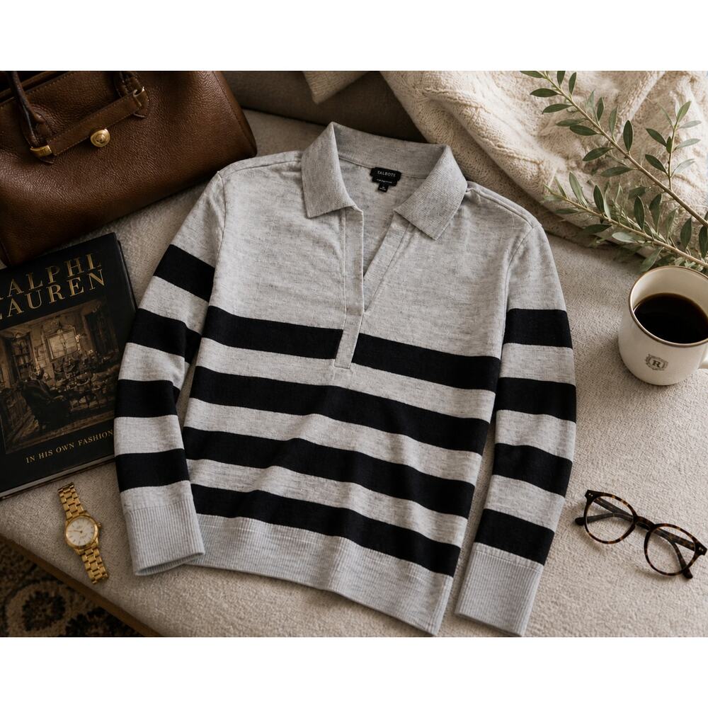 Talbots 100% Merino Wool Striped Collared Sweater Preppy S